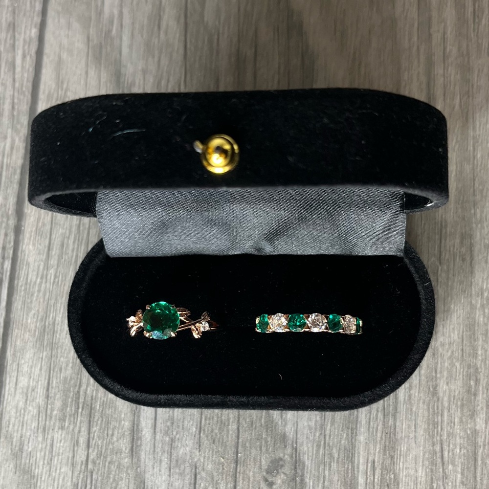 Lab created emerald and Moissanite engagement ring set Rose Gold Plated size 6